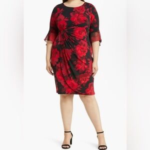 Connected Apparel Women Black/Red Floral Print Sheath Dress Plus Size 20W